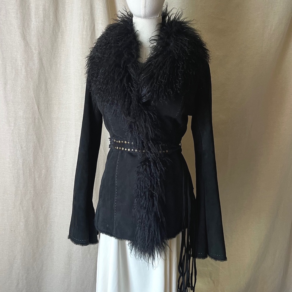 Pellessimo France Black Toscana Lamb Suede Fur Collar Belted Coat XS S